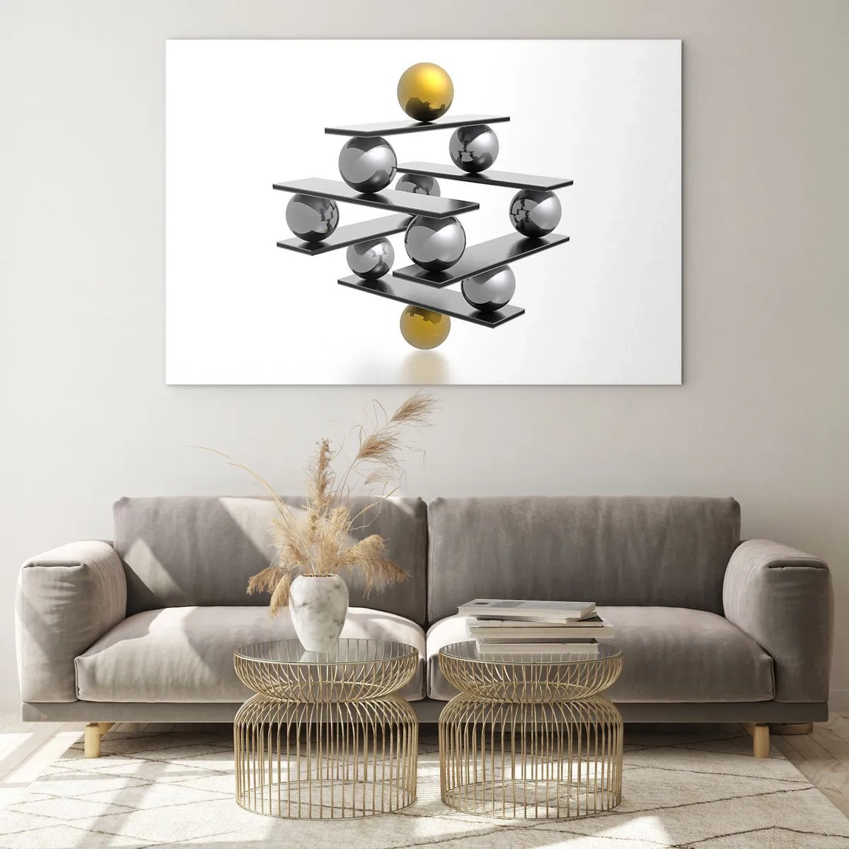 Glass picture - Geometric composition with balls and platforms on a white background - 70x50cm - Gold-Silver Balance - Modern wall decoration for the living room and bedroom ARTTOR