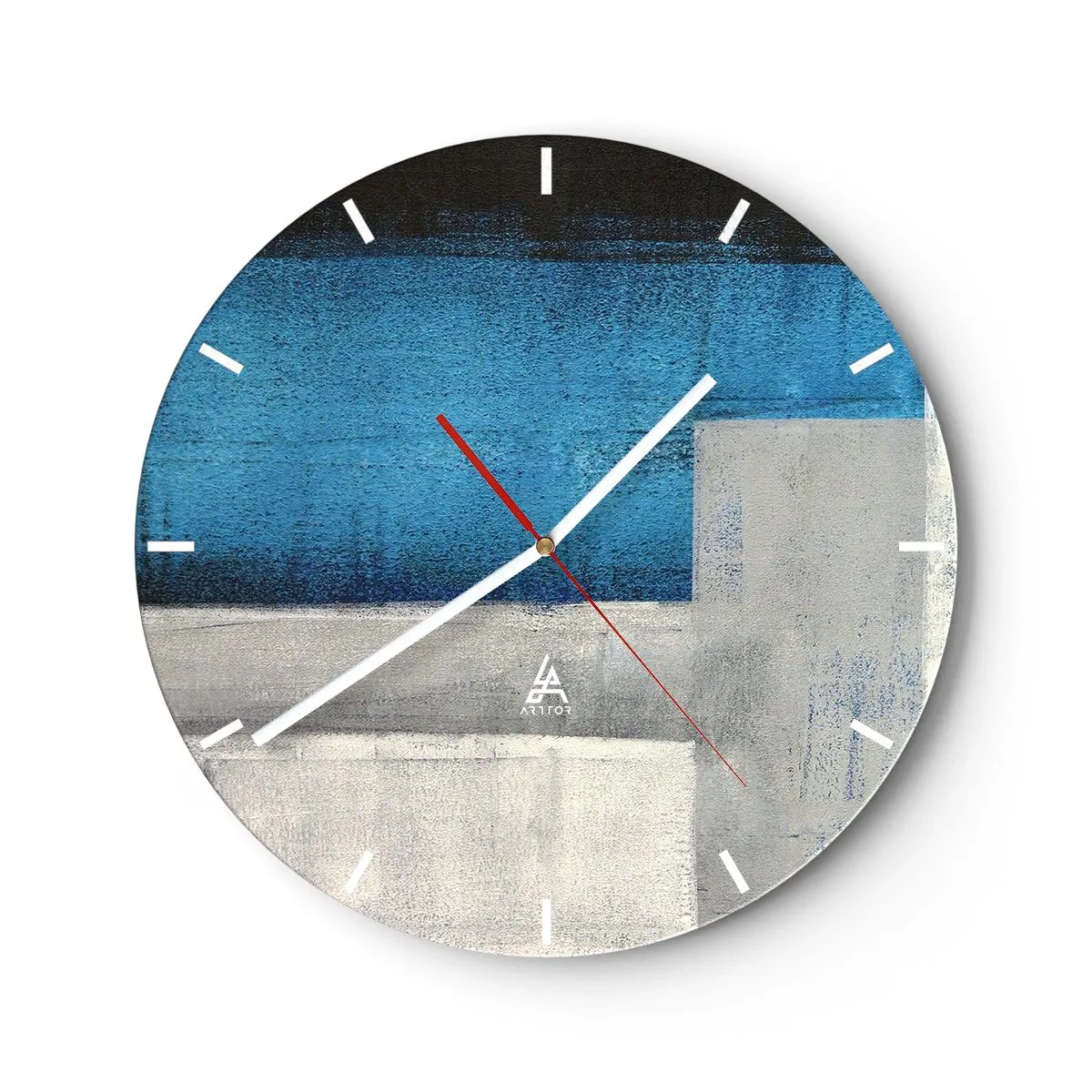 Wall clock - Clock on glass - Abstract composition with blue and gray tones - 30x30cm - Poetic Composition of Blue and Grey - Modern wall decoration for the living room, kitchen, and bedroom ARTTOR