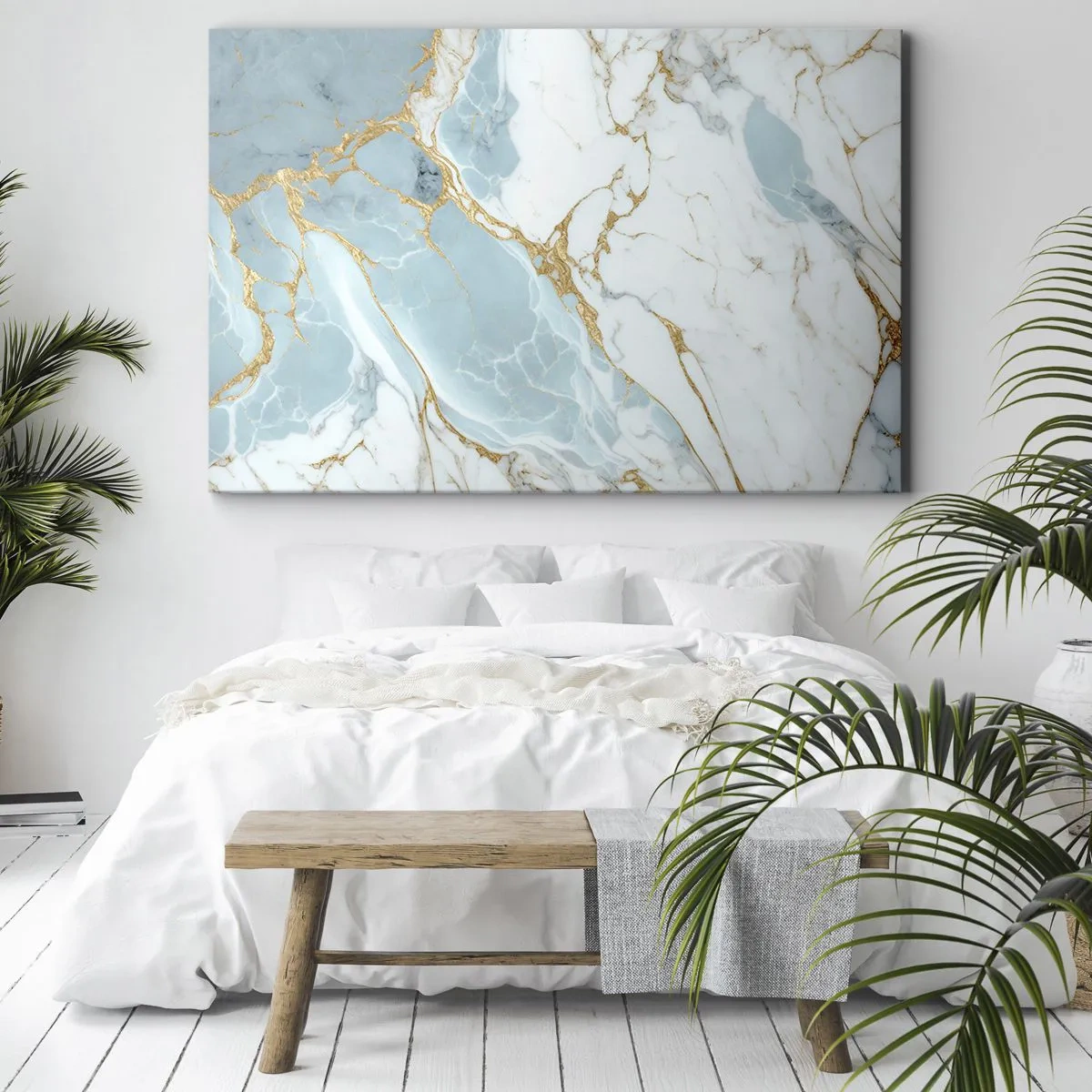 Canvas picture - Blue and white marble patterns with added gold veins - 70x50cm - Richness of the Stone - Modern wall decoration for the living room and bedroom ARTTOR