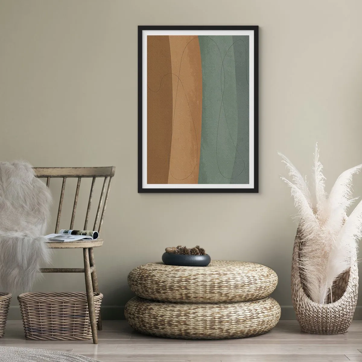 Poster in black frame - Organic lines on earthy and green backgrounds - 50x70cm - Horizontal Compostion - Modern wall decoration for the living room and bedroom ARTTOR
