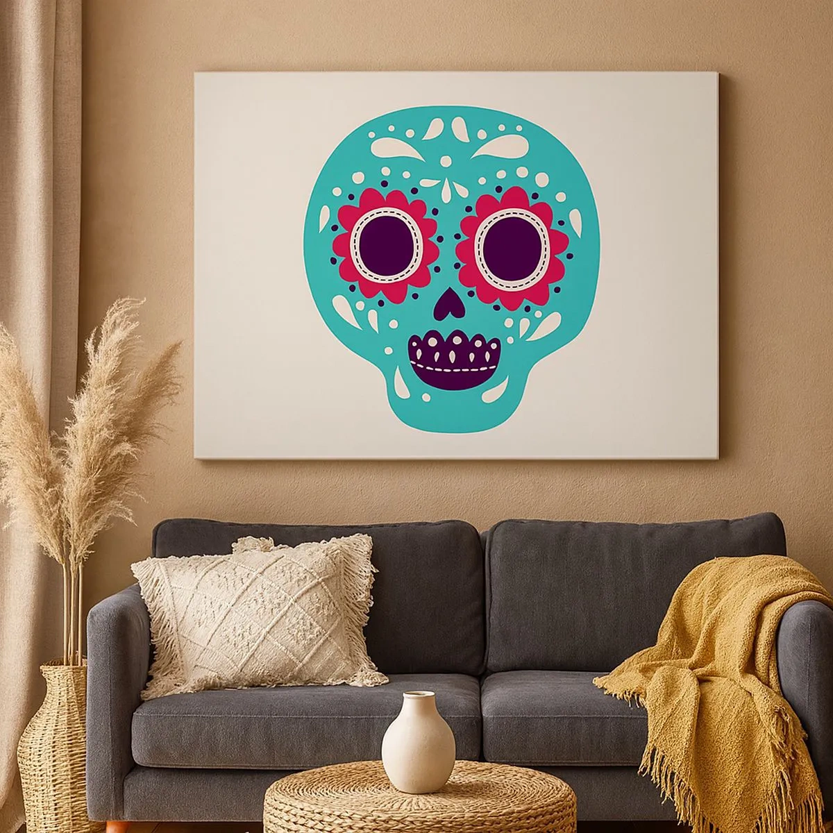 Canvas picture - A turquoise and purple sugar skull inspired by Mexican culture - 70x50cm - Life - Fun Until You Die - Modern wall decoration for the living room and bedroom ARTTOR