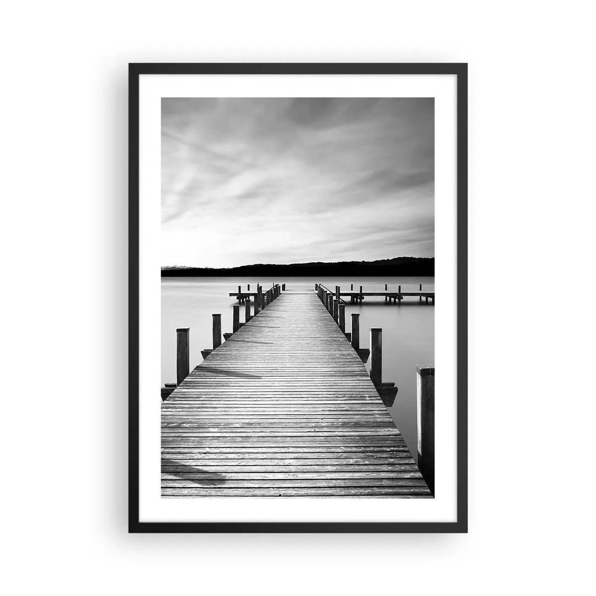 Poster in black frame - Wooden jetty over a calm lake in black and white - 50x70cm - Lake of Peace - Modern wall decoration for the living room and bedroom ARTTOR