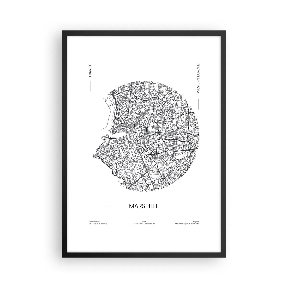 Poster in black frame - Minimalist map of Marseille in a circle - 50x70cm - Anatomy of Marseille - Modern wall decoration for the living room and bedroom ARTTOR