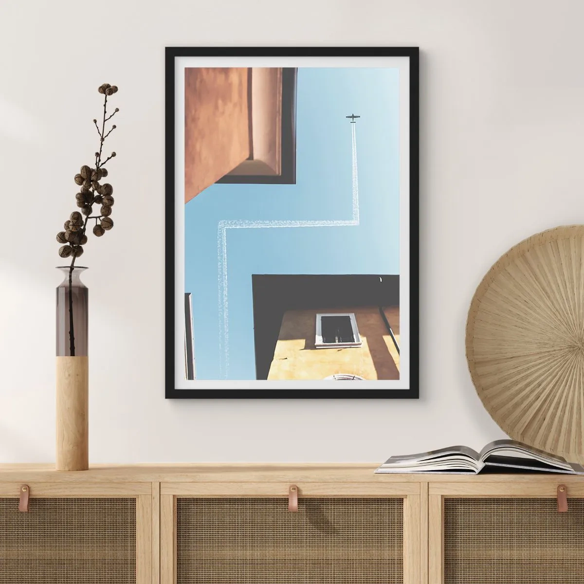 Poster in black frame - Perspective of buildings with an airplane and an unusual path in the sky - 50x70cm - Above City Maze - Modern wall decoration for the living room and bedroom ARTTOR