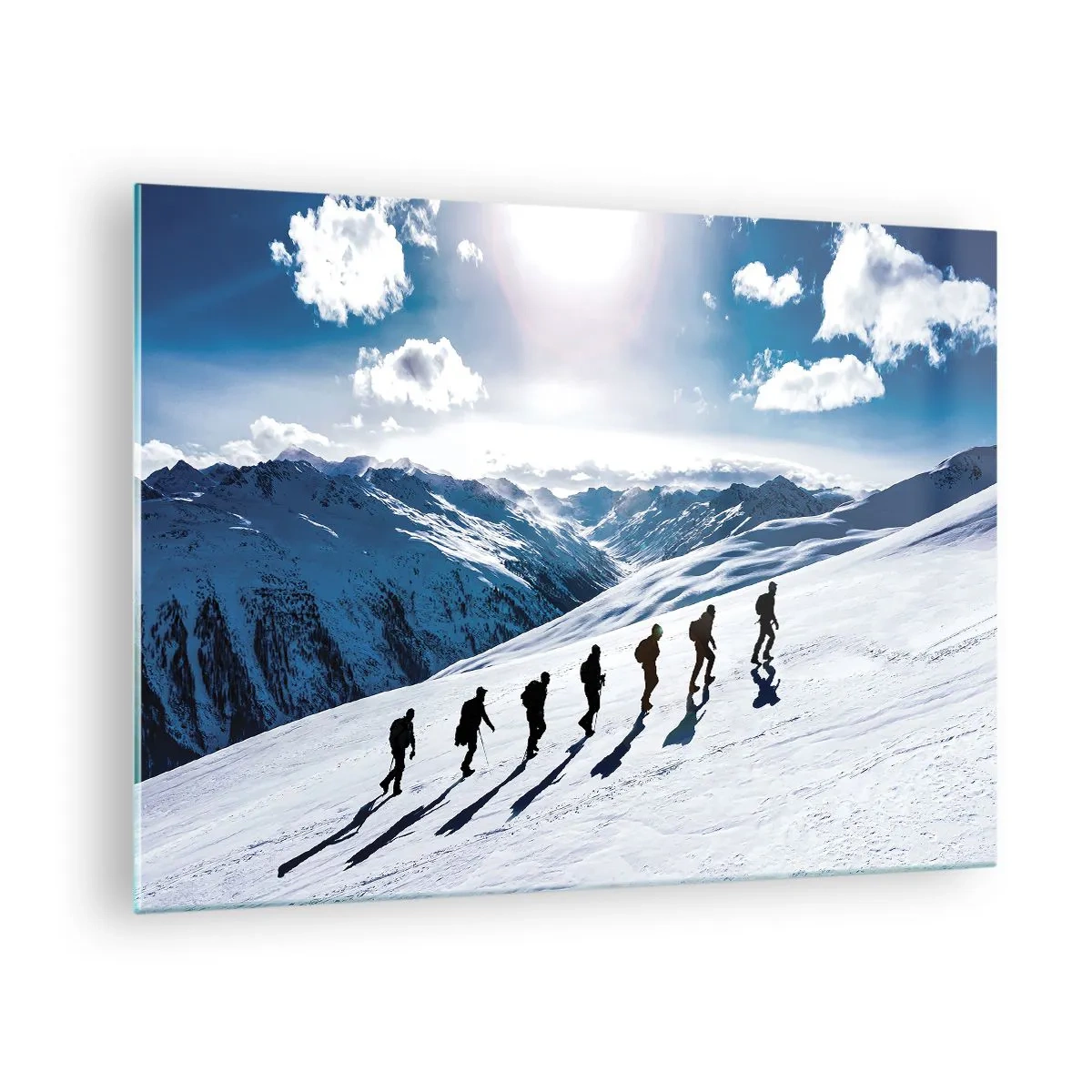 Glass picture - Group climbing on a snow-covered slope in the mountains - 70x50cm - Team of Conquerors - Modern wall decoration for the living room and bedroom ARTTOR