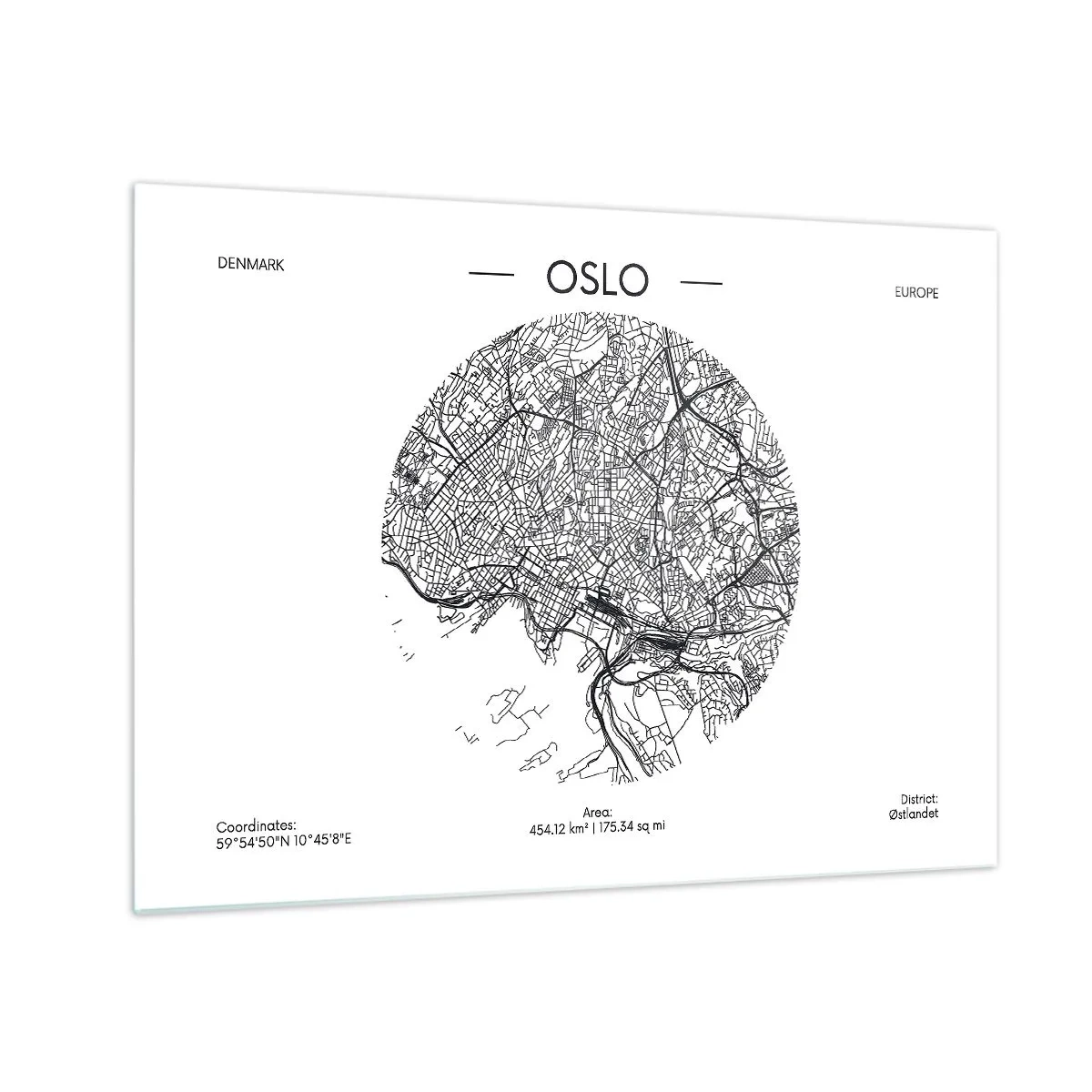 Glass picture - Oslo city map in black and white graphic style - 70x50cm - Anatomy of Oslo - Modern wall decoration for the living room and bedroom ARTTOR