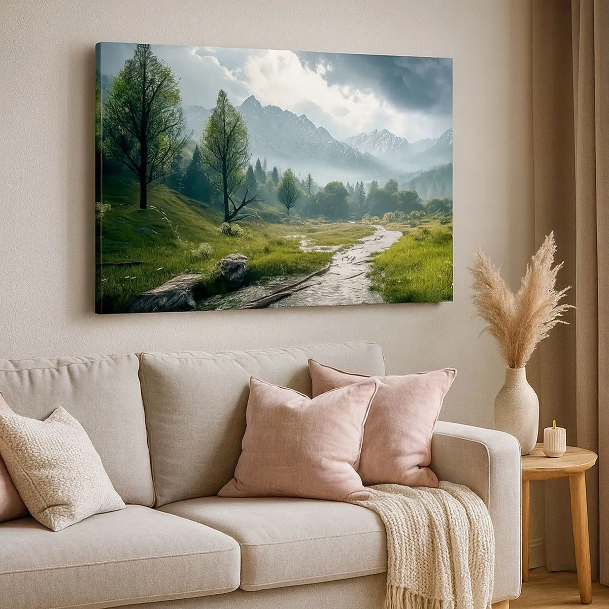 Canvas picture - A mountain landscape with a river and trees surrounded by misty mountains - 70x50cm - There And Back - Modern wall decoration for the living room and bedroom ARTTOR