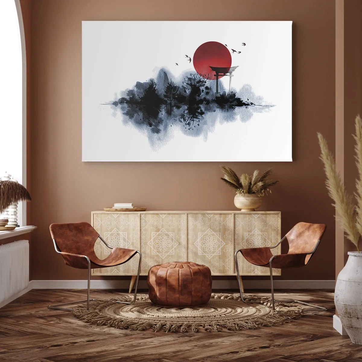 Canvas picture - Red sun over a picturesque landscape with torii - 70x50cm - Japanese View - Modern wall decoration for the living room and bedroom ARTTOR
