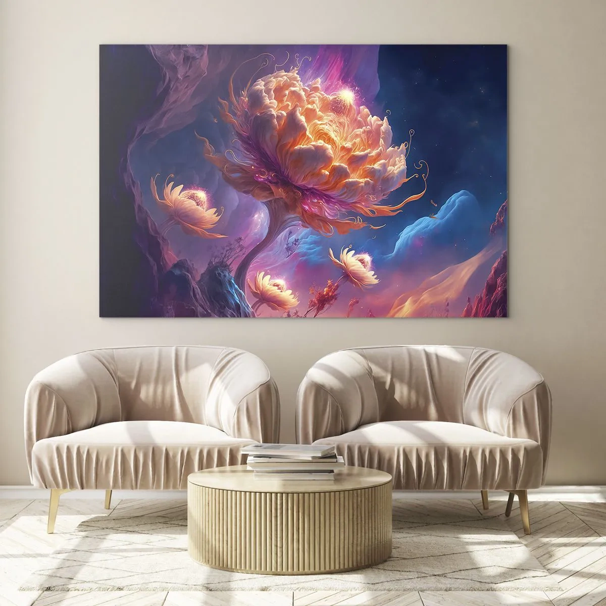 Glass picture - A fantastic flower floating in a cosmic setting - 70x50cm - Another World - Modern wall decoration for the living room and bedroom ARTTOR