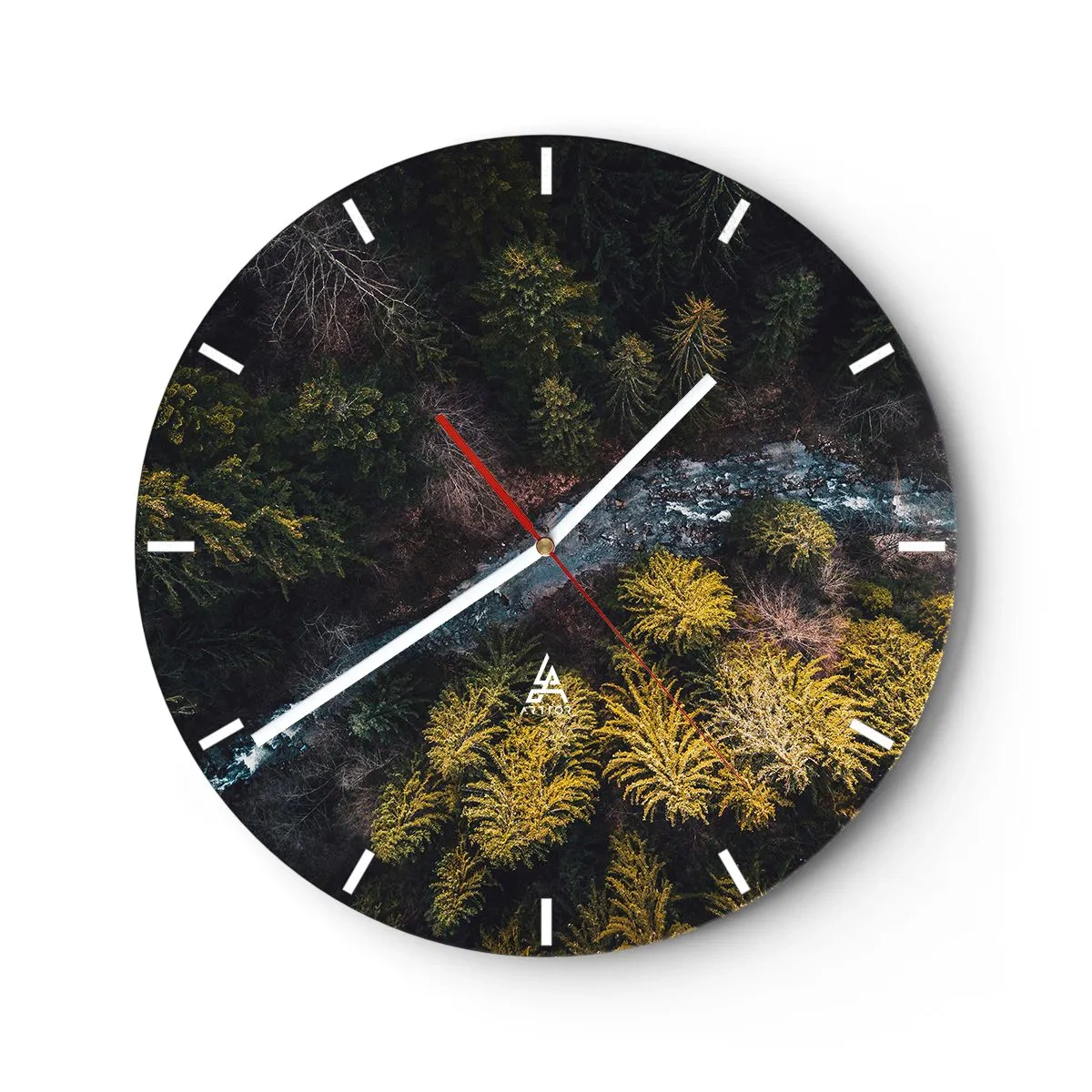 Wall clock - Clock on glass - A view from above of the forest and a stream among the coniferous trees - 30x30cm - Fast and Faster - Modern wall decoration for the living room, kitchen, and bedroom ARTTOR