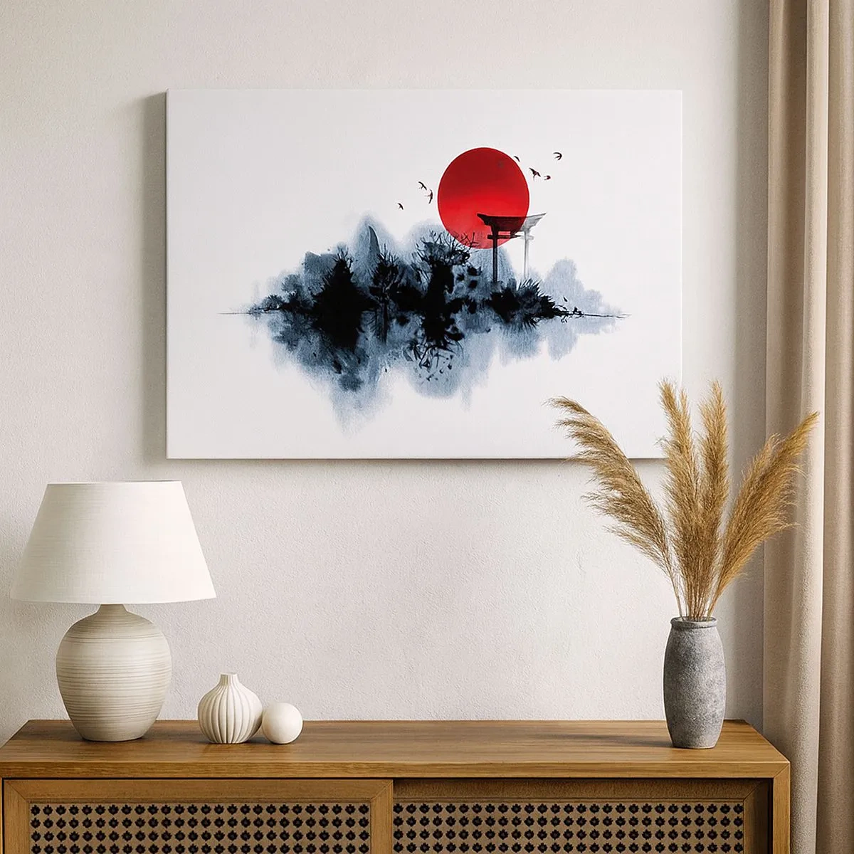 Canvas picture - Red sun over a picturesque landscape with torii - 70x50cm - Japanese View - Modern wall decoration for the living room and bedroom ARTTOR