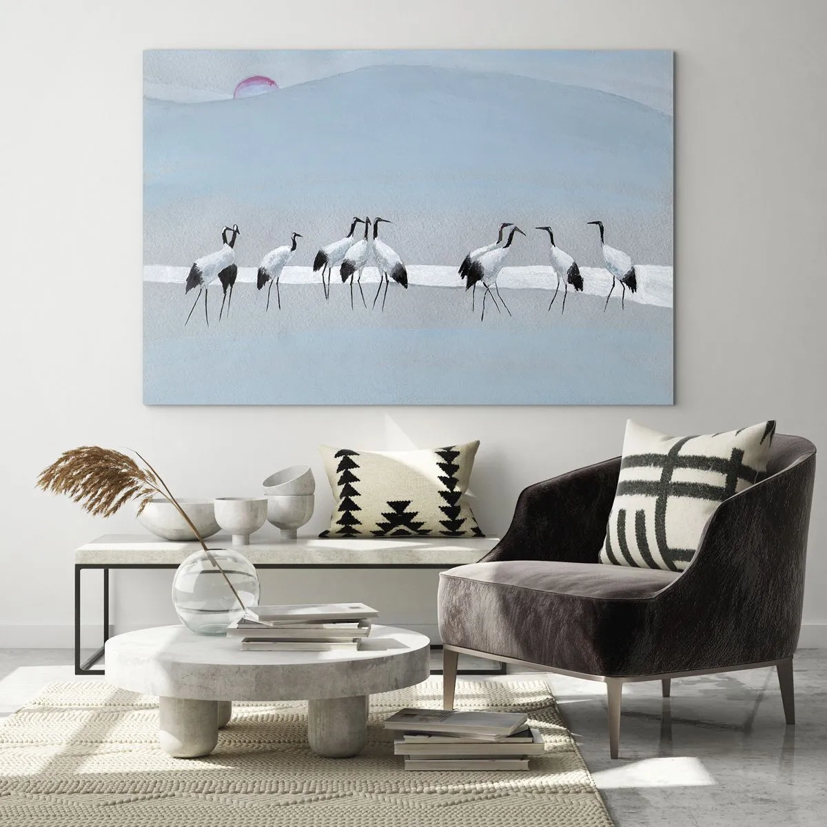 Glass picture - A group of cranes against the backdrop of blue mountains and a sunset - 70x50cm - After a Hot Day - Modern wall decoration for the living room and bedroom ARTTOR