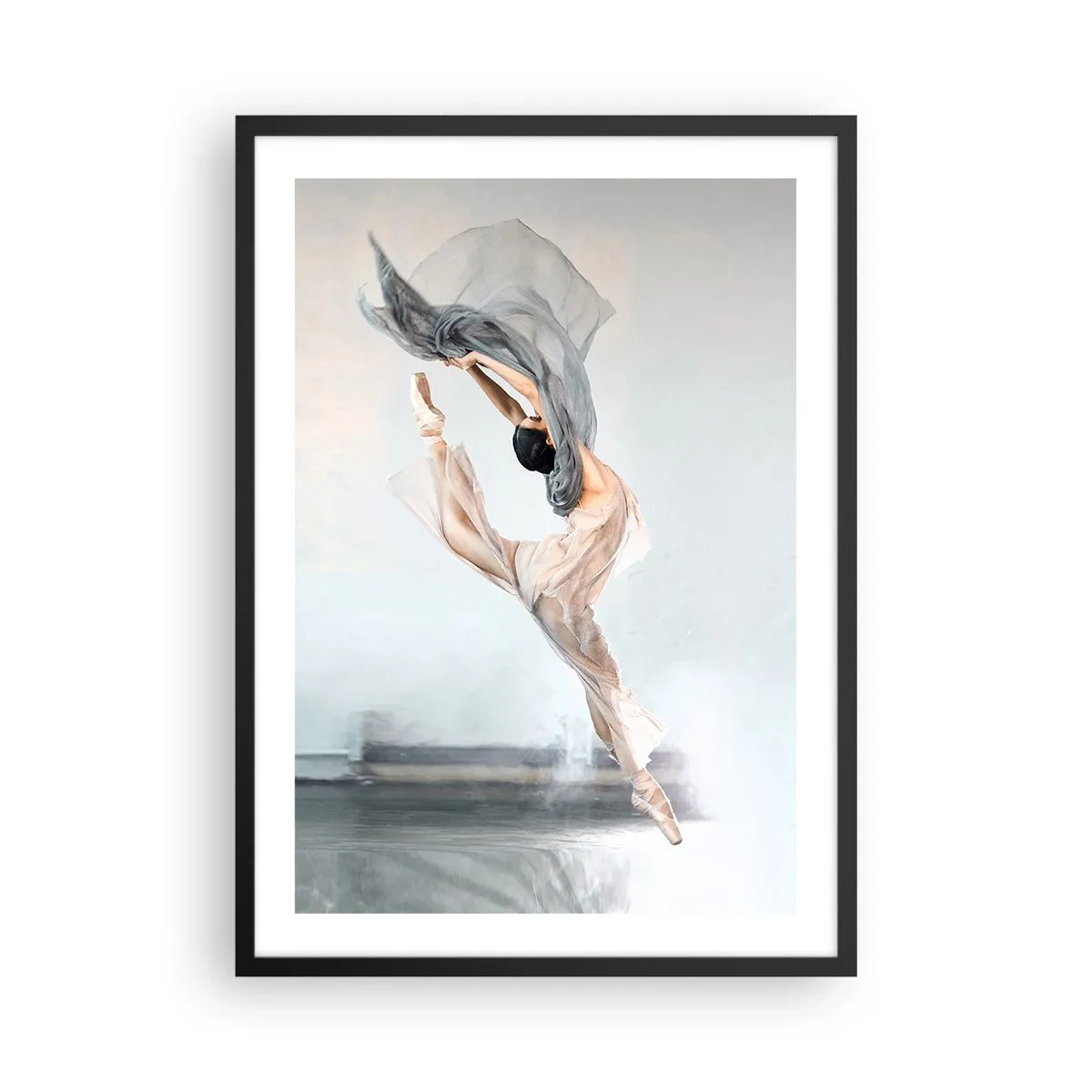 Poster in black frame - A ballerina dancing with a delicate shawl against a light background - 50x70cm - In Dancing Exaltation - Modern wall decoration for the living room and bedroom ARTTOR