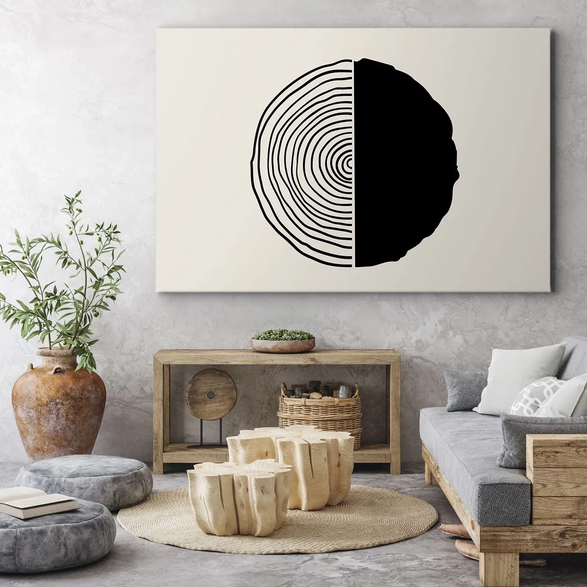 Canvas picture - An abstract black and white motif inspired by a cross-section of wood with a geometric division. - 70x50cm - Half-half - Modern wall decoration for the living room and bedroom ARTTOR
