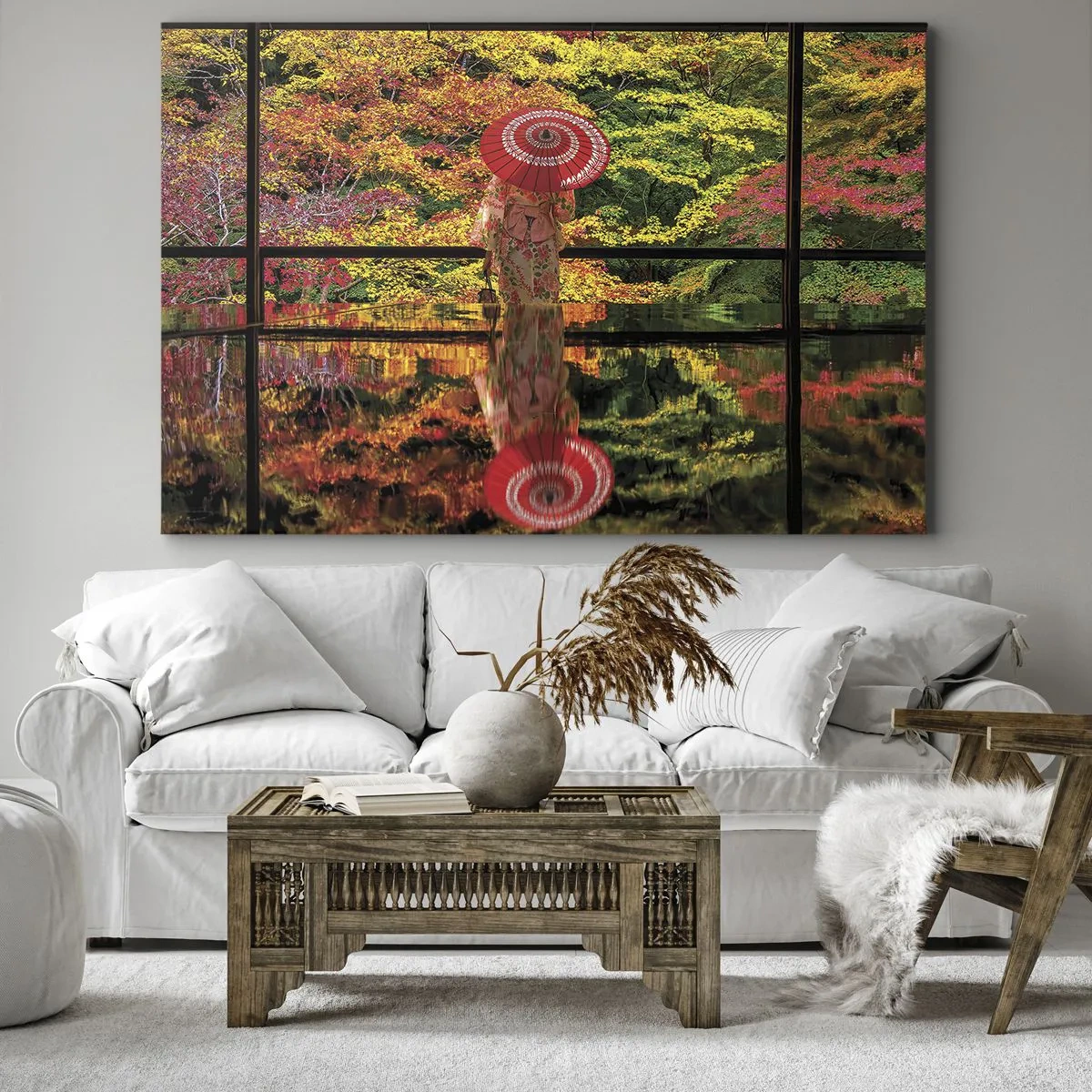 Canvas picture - A woman in a kimono with an umbrella against the backdrop of an autumn landscape. - 70x50cm - In a Temple of Nature - Modern wall decoration for the living room and bedroom ARTTOR
