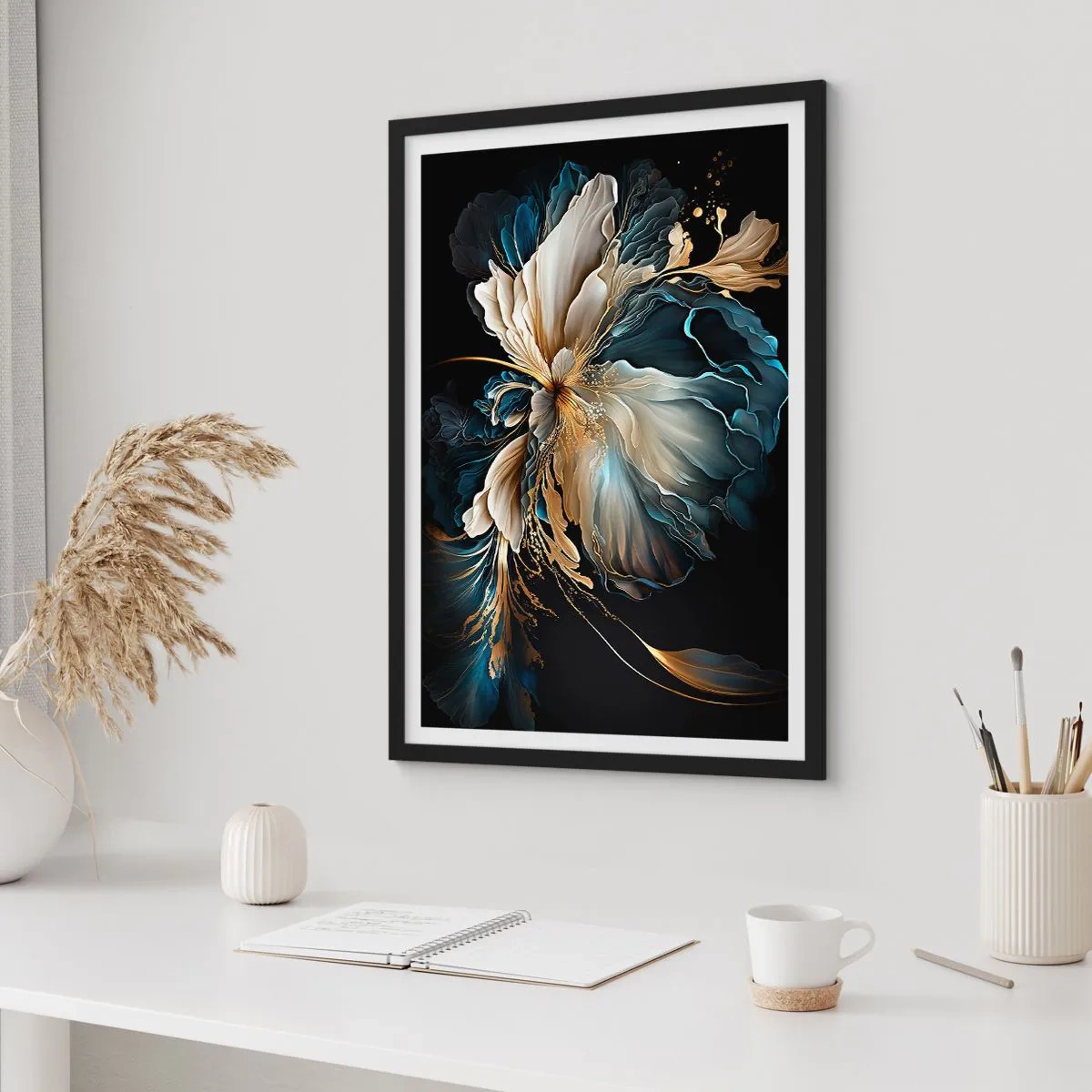 Poster in black frame - An elegant abstract floral arrangement in gold and navy blue. - 50x70cm - Fairy Tale World of Ferns - Modern wall decoration for the living room and bedroom ARTTOR