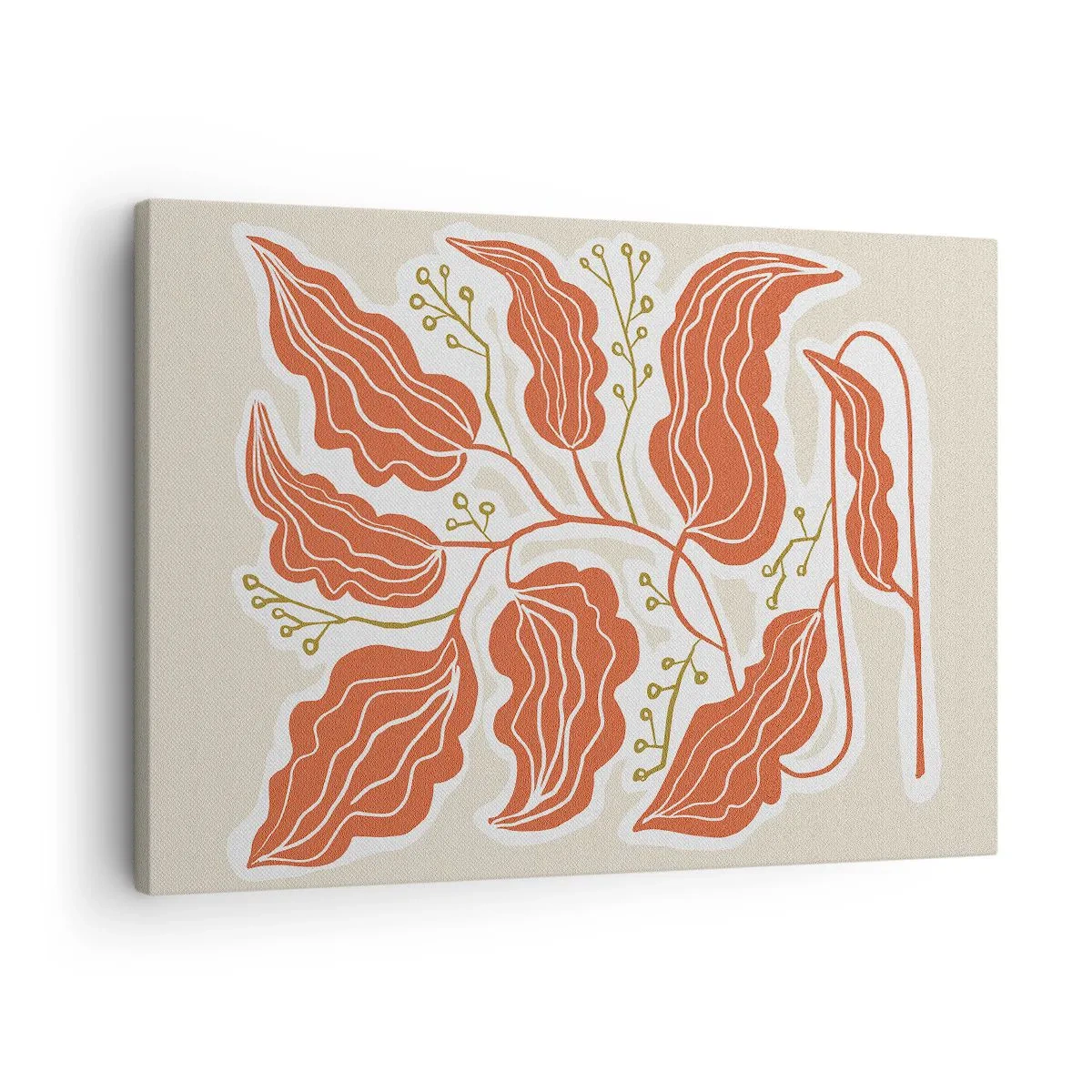 Canvas picture - A minimalist leaf motif in shades of orange and green. - 70x50cm - Folk and Coral - Modern wall decoration for the living room and bedroom ARTTOR
