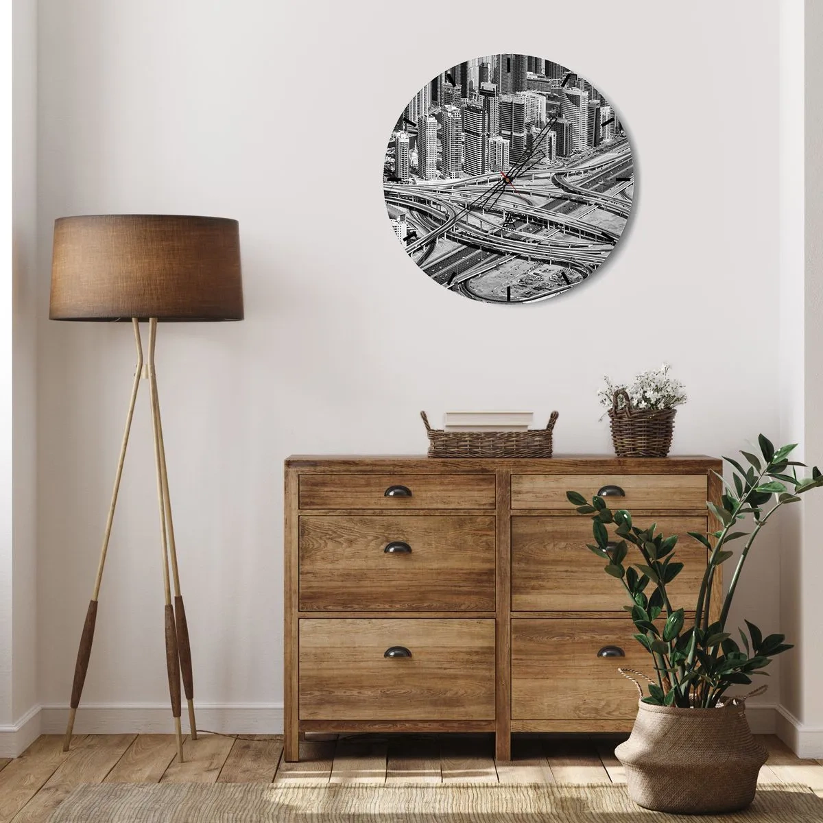 Wall clock - Clock on glass - A black and white photo of a city with a dense network of highways. - 30x30cm - Dubai - Impossible City - Modern wall decoration for the living room, kitchen, and bedroom ARTTOR