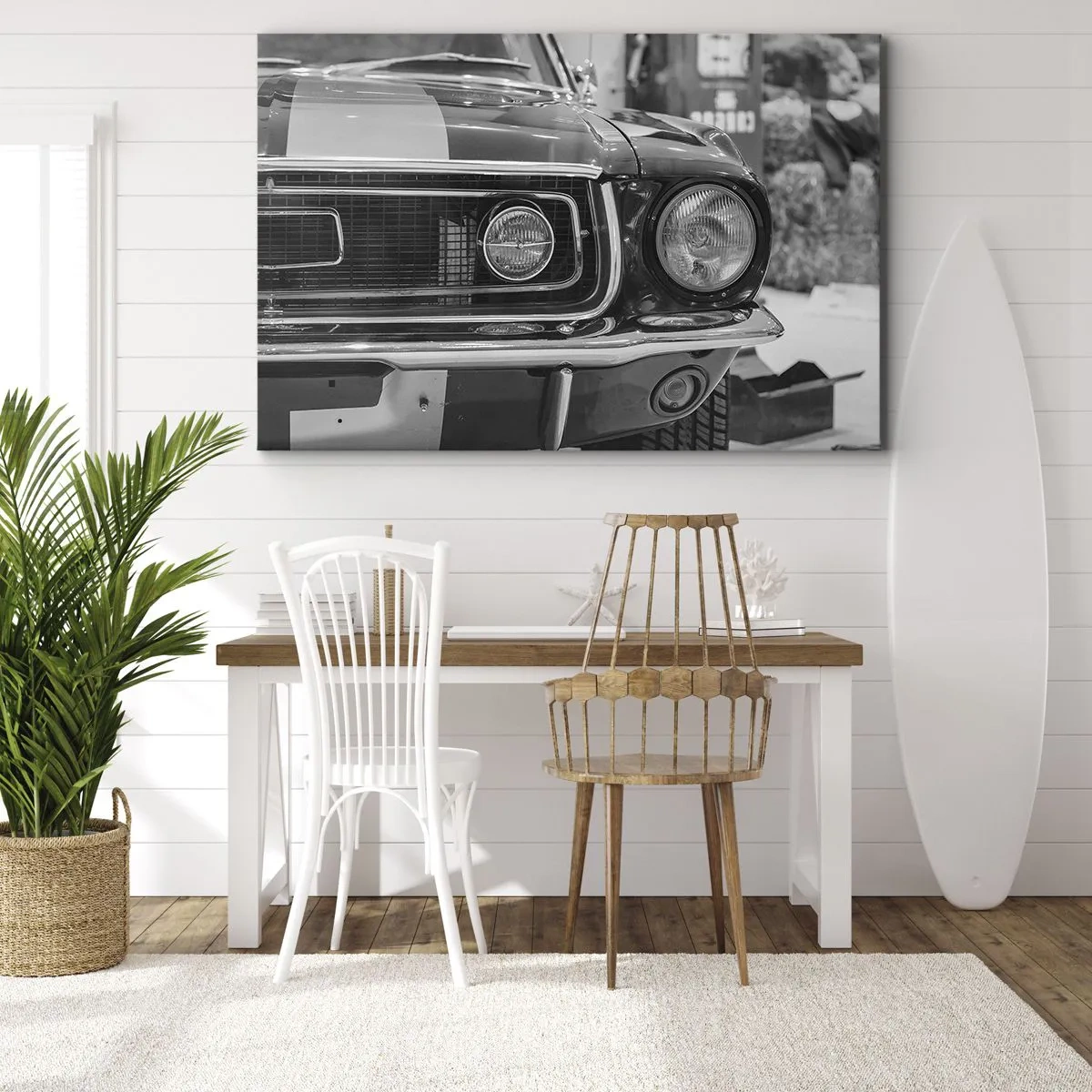 Canvas picture - Black and white classic car hood - 70x50cm - Rough Ride - Modern wall decoration for the living room and bedroom ARTTOR