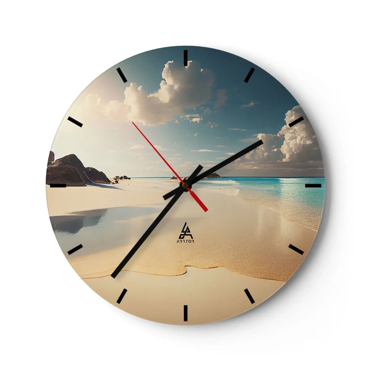 Wall clock - Clock on glass - Tropical beach with white sand and turquoise water - 30x30cm - Dream Day - Modern wall decoration for the living room, kitchen, and bedroom ARTTOR