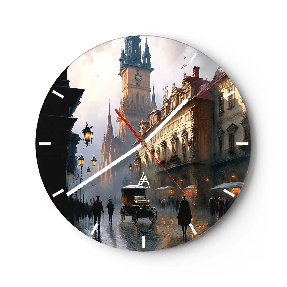 Wall clock - Clock on glass - Evening walk through the historic city center - 30x30cm - Charm of Evening in Prague - Modern wall decoration for the living room, kitchen, and bedroom ARTTOR