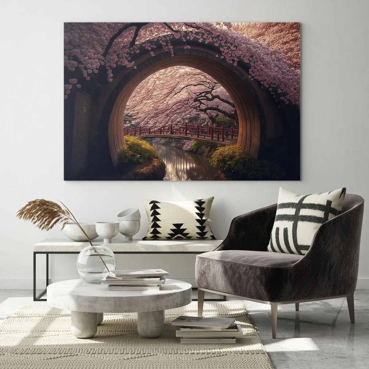 Glass picture - Cherry blossoms and a Japanese bridge seen through the round gate - 70x50cm - Japanese Spring - Modern wall decoration for the living room and bedroom ARTTOR