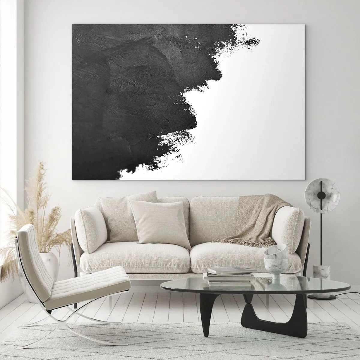 Glass picture - Black paint texture on a white background in a minimalist style - 70x50cm - Elements: Earth - Modern wall decoration for the living room and bedroom ARTTOR