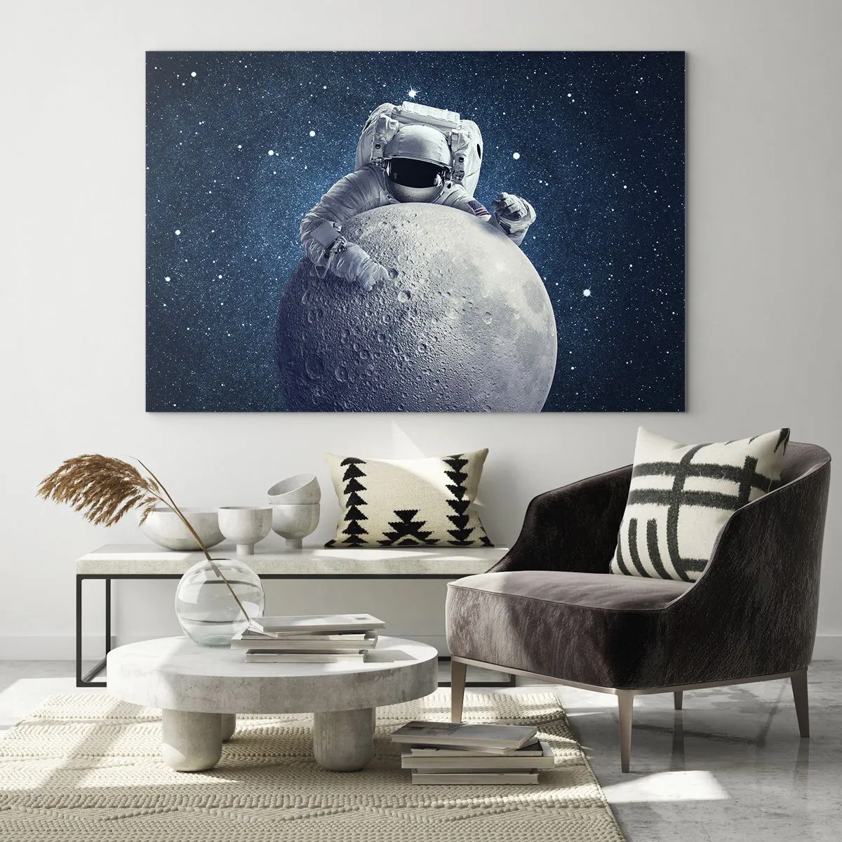 Glass picture - Astronaut hugging the moon against a starry sky - 70x50cm - Space Joker - Modern wall decoration for the living room and bedroom ARTTOR
