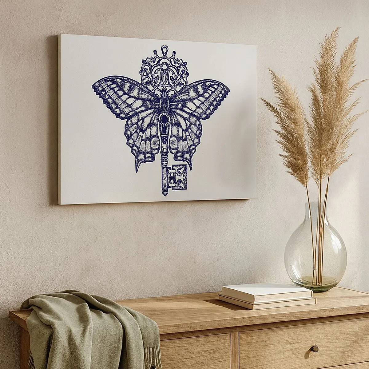 Canvas picture - Stylish butterfly and key graphic in a minimalist style - 70x50cm - All Secrets of the Heart - Modern wall decoration for the living room and bedroom ARTTOR