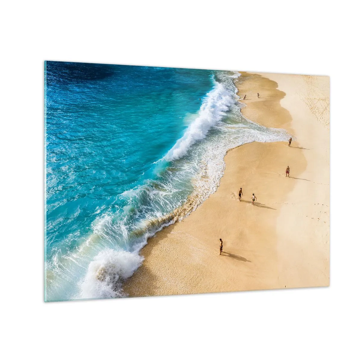 Glass picture - A golden beach with turquoise water and people walking along the shore - 70x50cm - And Next the Sun, Beach… - Modern wall decoration for the living room and bedroom ARTTOR