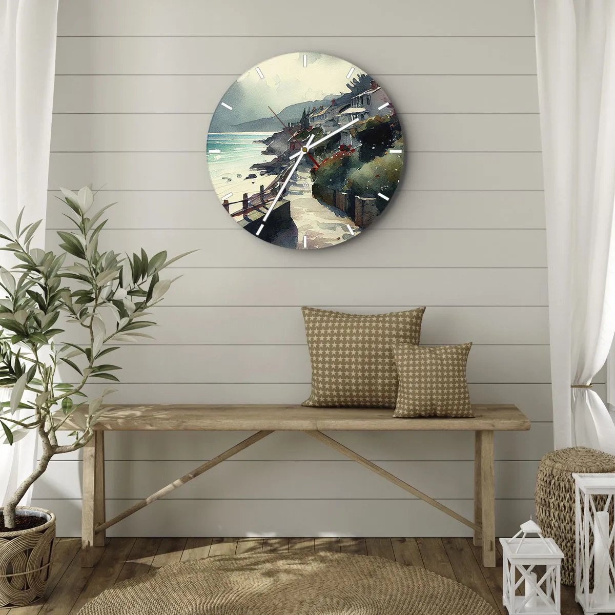 Wall clock - Clock on glass - A coastal path leading through Mediterranean buildings with sea views - 30x30cm - Mediterranean Town - Modern wall decoration for the living room, kitchen, and bedroom ARTTOR