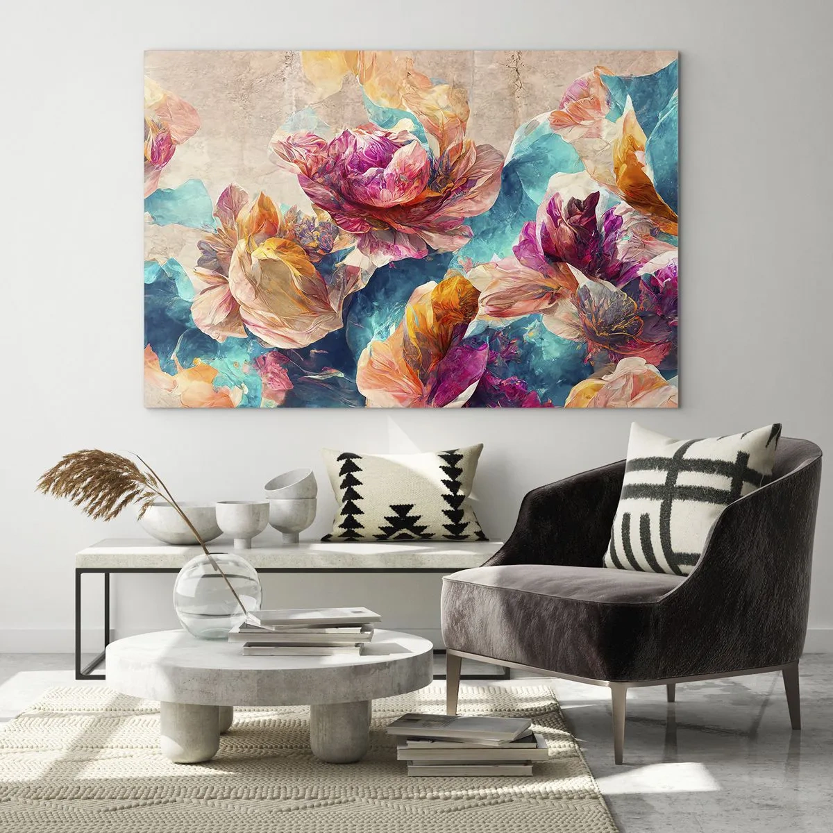 Glass picture - Colorful flowers against a watercolor background - 70x50cm - Colourful Splendour of a Bouquet - Modern wall decoration for the living room and bedroom ARTTOR
