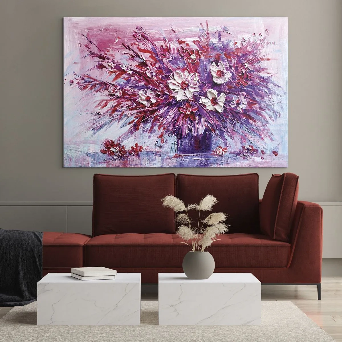 Glass picture - A bouquet of flowers in shades of pink and purple - 70x50cm - Innocence and Passion - Modern wall decoration for the living room and bedroom ARTTOR
