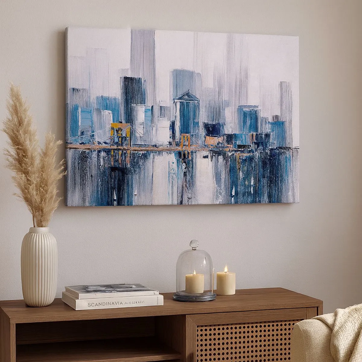 Canvas picture - Abstract city panorama with shades of blue and yellow - 70x50cm - New York Impression - Modern wall decoration for the living room and bedroom ARTTOR