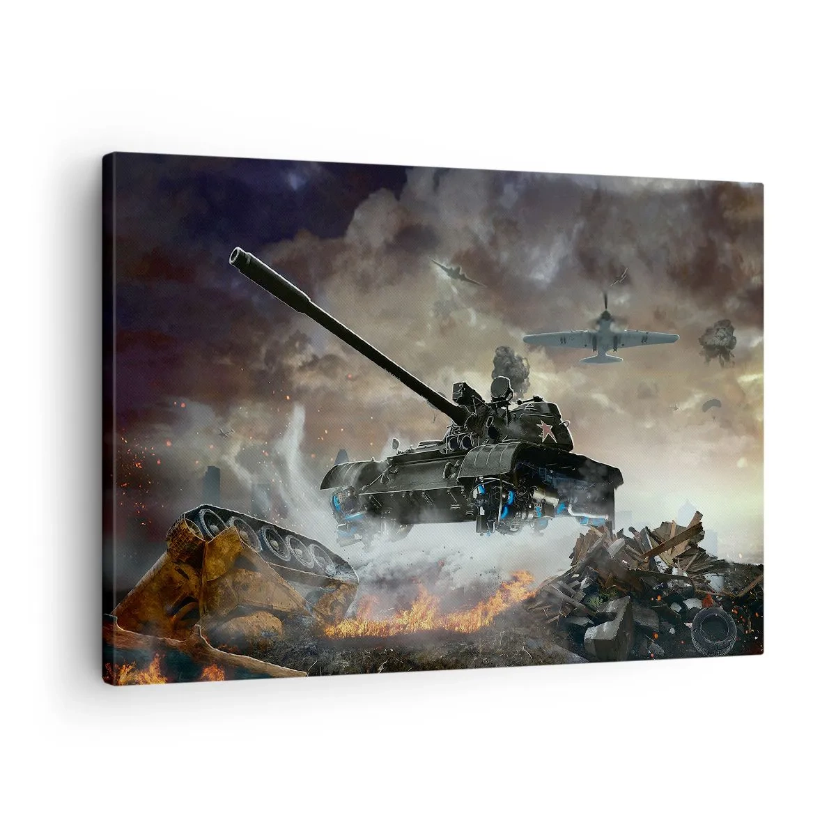 Canvas picture - Battle scene with tanks and planes in the background - 70x50cm - Battle Is Scary and Beautiful - Modern wall decoration for the living room and bedroom ARTTOR