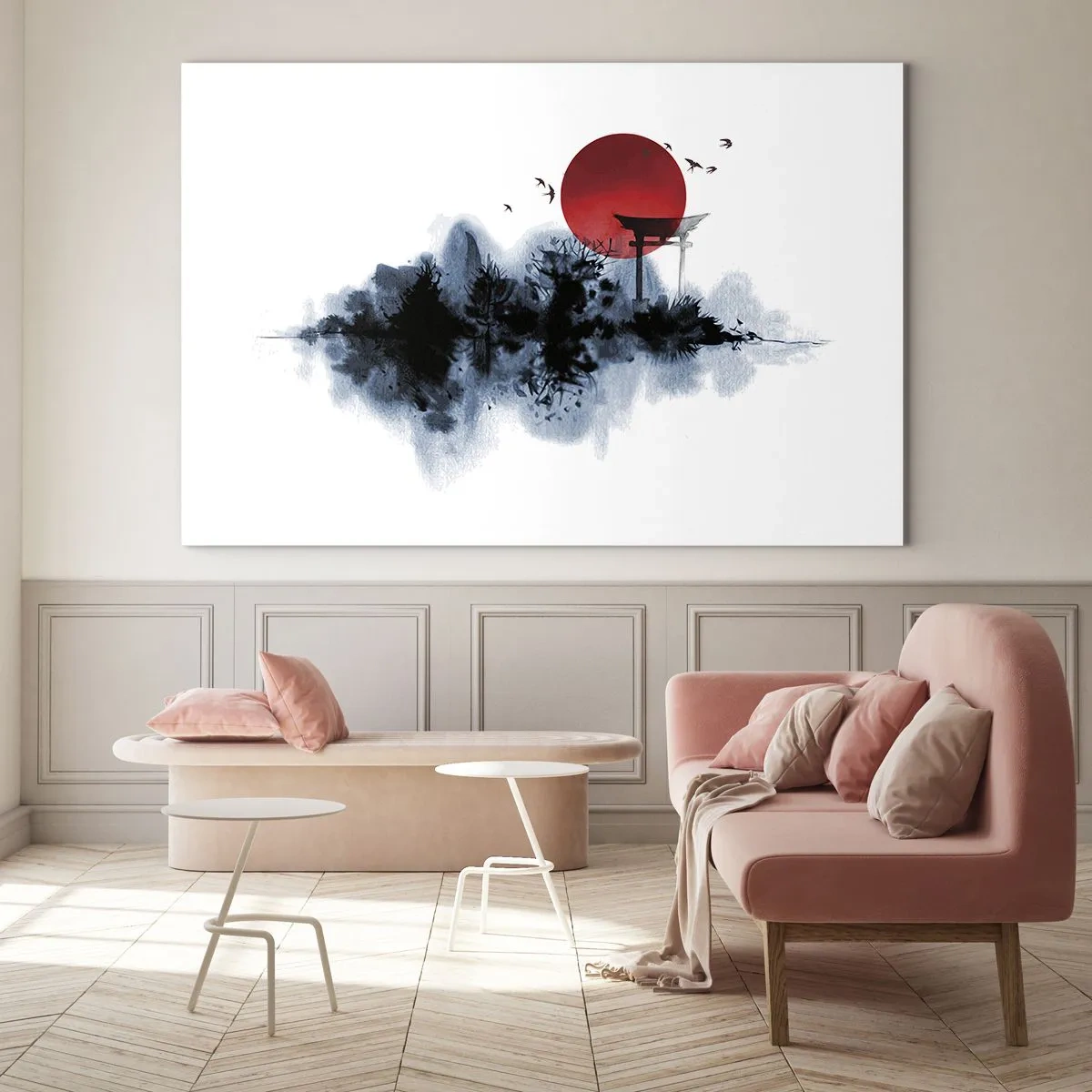 Glass picture - A minimalist landscape with a torii gate and a red sun. - 70x50cm - Japanese View - Modern wall decoration for the living room and bedroom ARTTOR