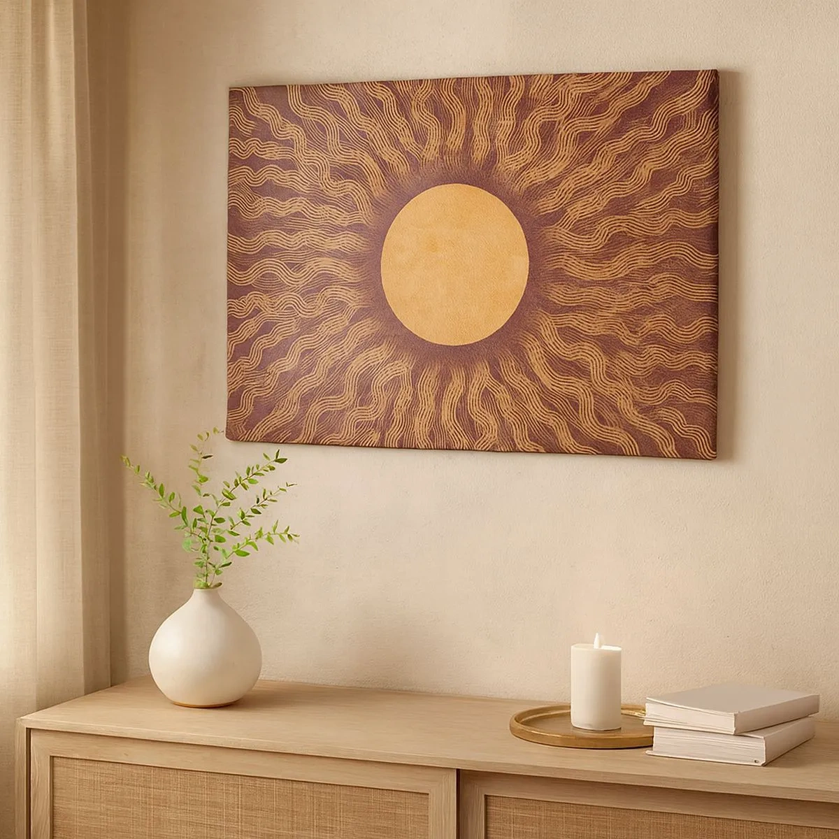 Canvas picture - Sunny pattern with rays on a background in shades of brown - 70x50cm - Sun Icon - Modern wall decoration for the living room and bedroom ARTTOR