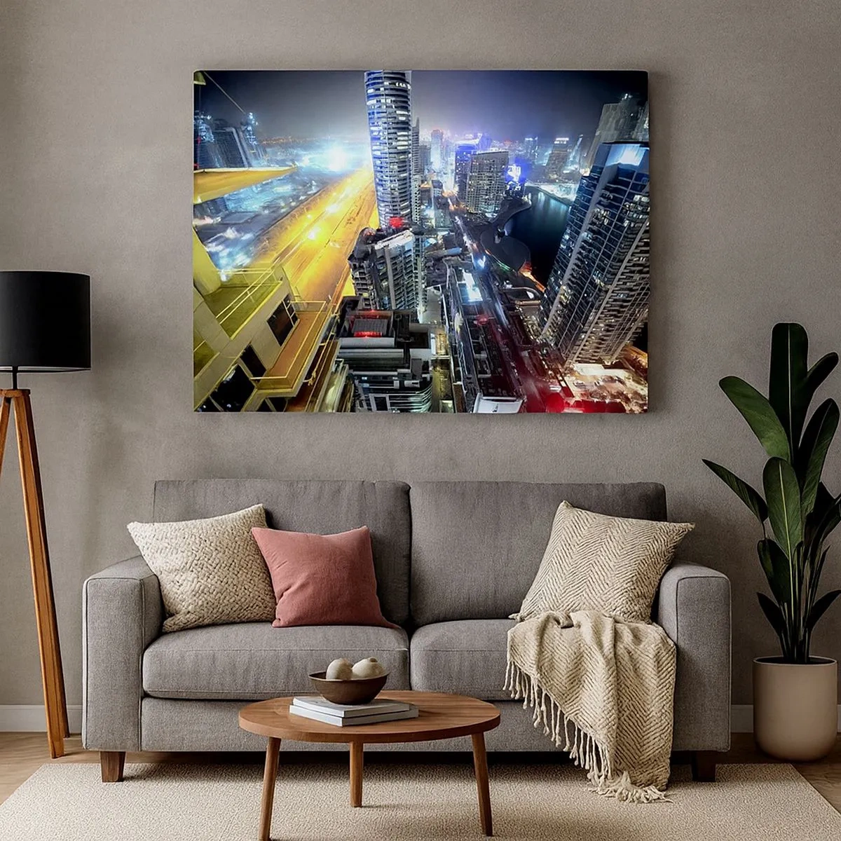 Canvas picture - Panorama of the night city with illuminated skyscrapers - 70x50cm - Miracle in the Desert - Modern wall decoration for the living room and bedroom ARTTOR
