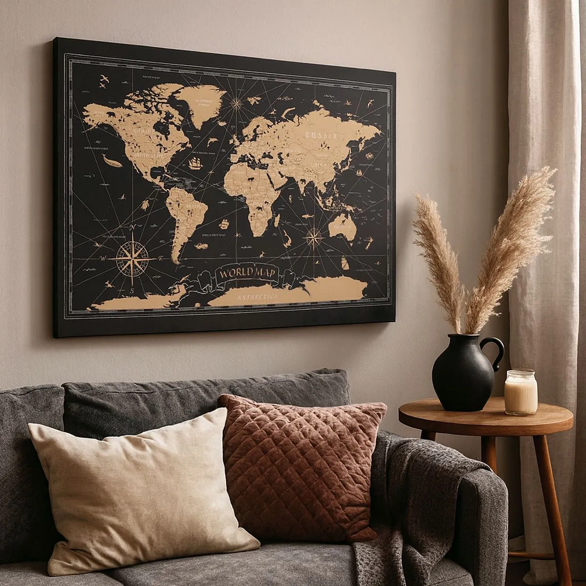 Canvas picture - A stylized world map on a black background with beige accents. - 70x50cm - Borders of My World - Modern wall decoration for the living room and bedroom ARTTOR