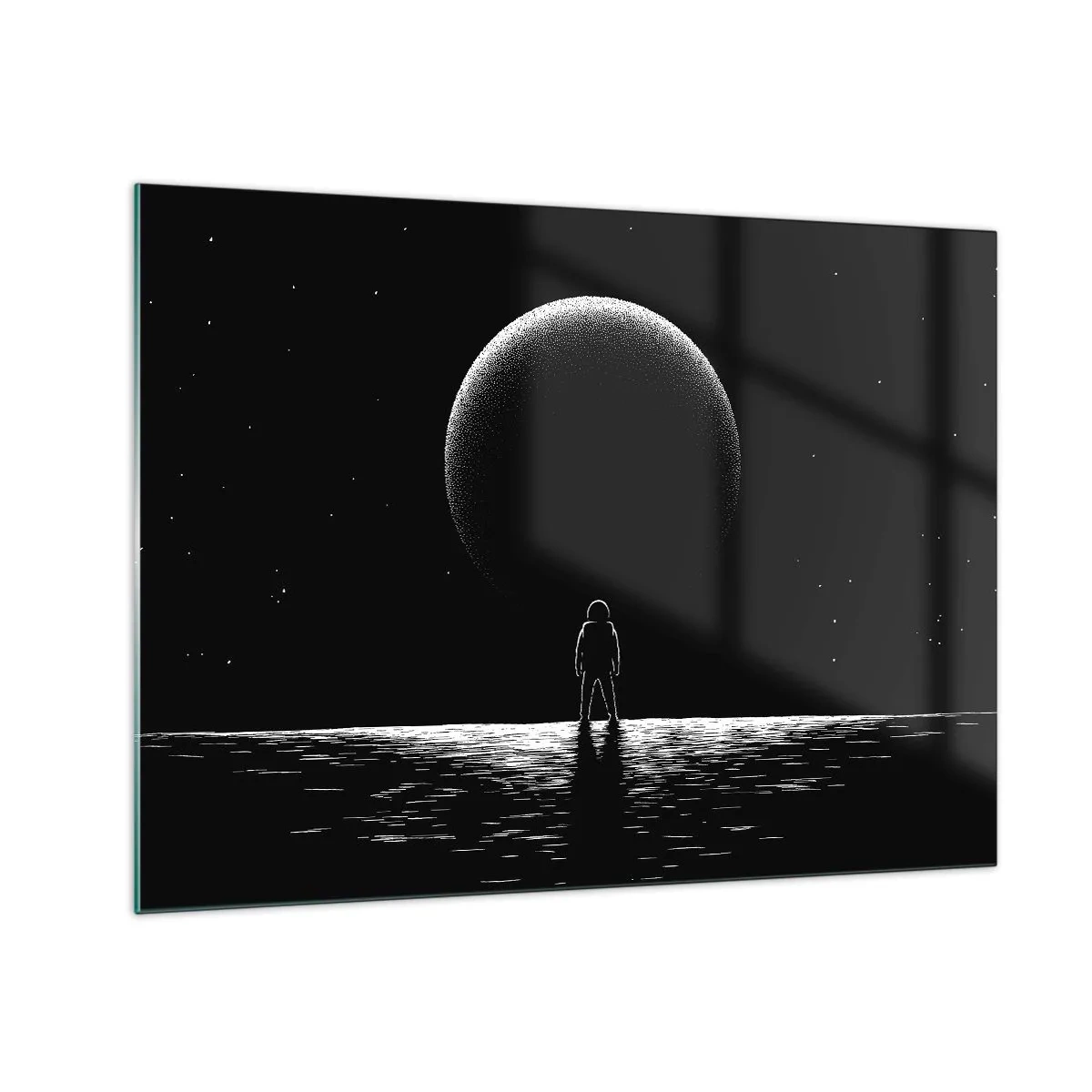 Glass picture - Astronaut standing in front of a planet in black and white - 70x50cm - Face to Face - Modern wall decoration for the living room and bedroom ARTTOR