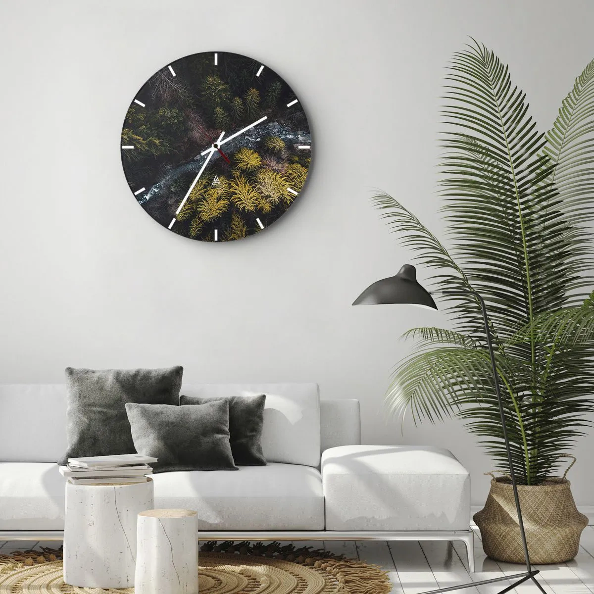 Wall clock - Clock on glass - A view from above of the forest and a stream among the coniferous trees - 30x30cm - Fast and Faster - Modern wall decoration for the living room, kitchen, and bedroom ARTTOR