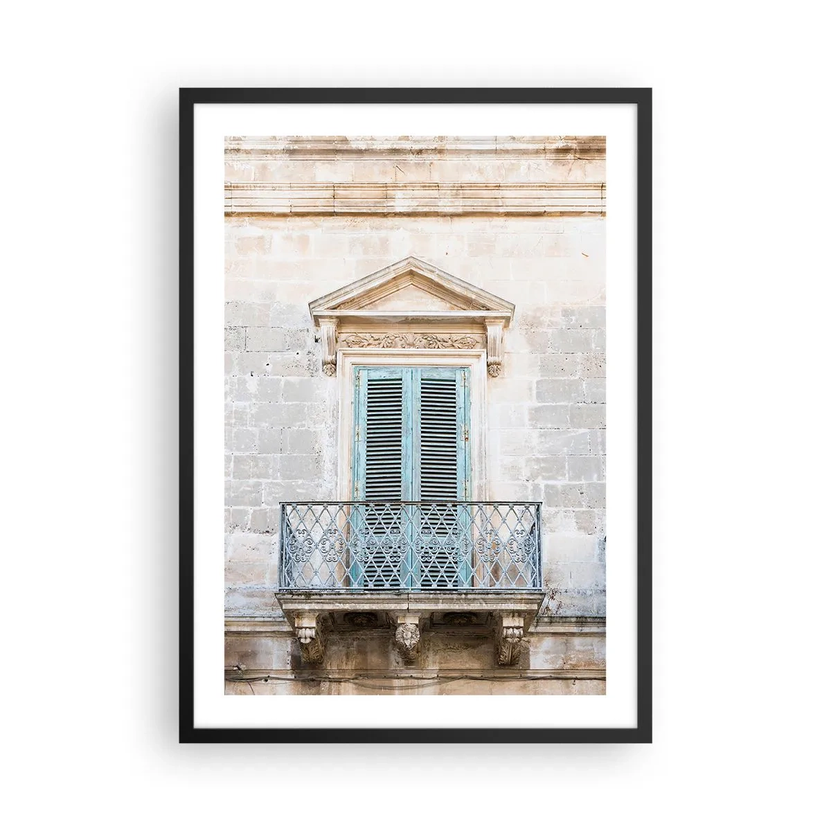 Poster in black frame - Historic balcony with blue shutters in a Mediterranean style - 50x70cm - Exceptional Charm of Italy - Modern wall decoration for the living room and bedroom ARTTOR