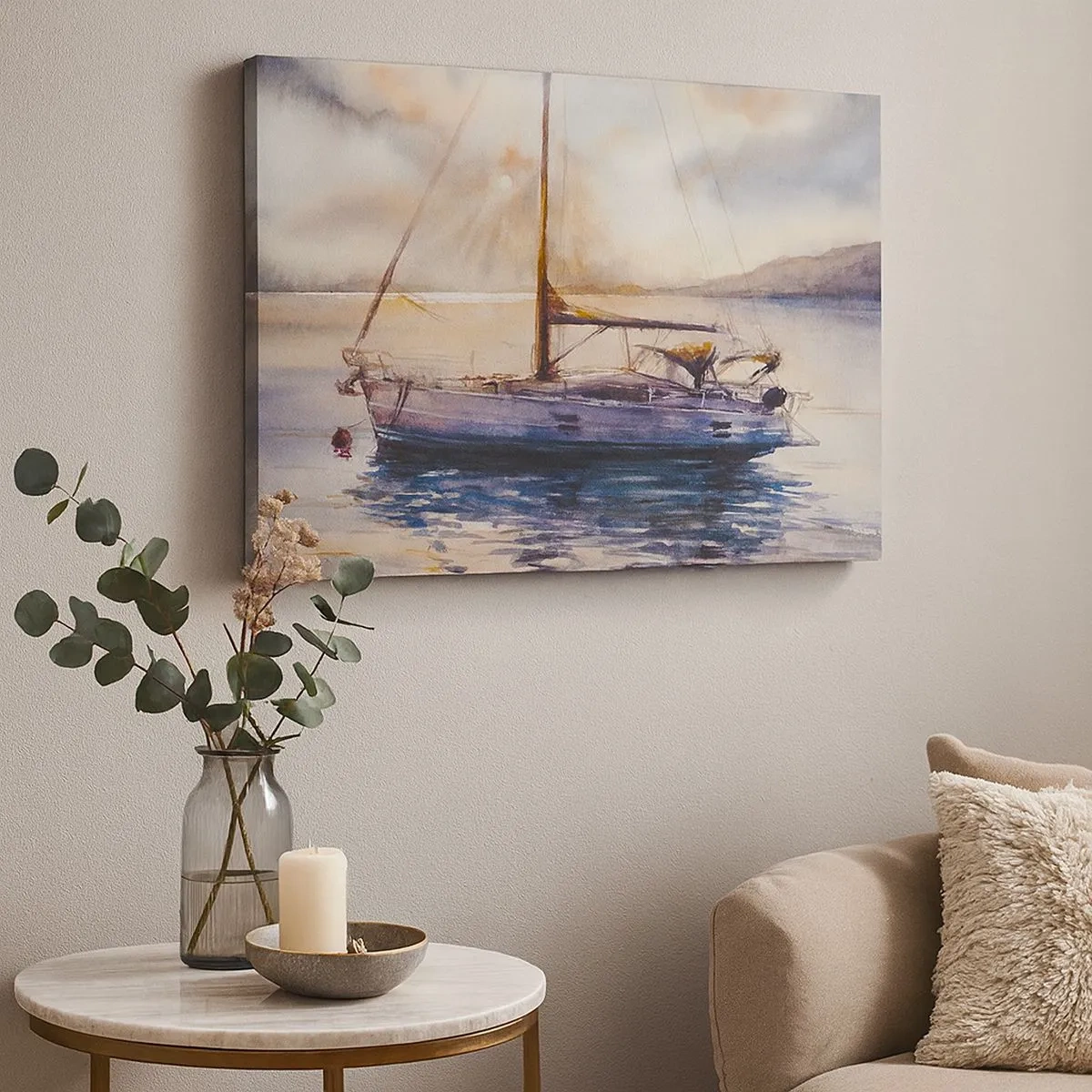Canvas picture - A yacht on a calm sea at sunset - 70x50cm - Evening in Harbour - Modern wall decoration for the living room and bedroom ARTTOR