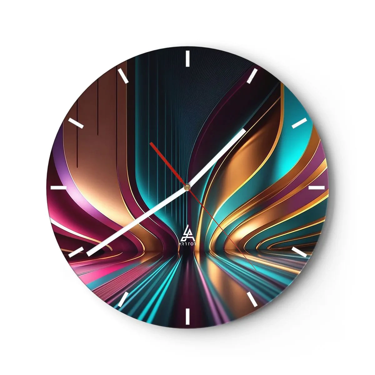 Wall clock - Clock on glass - Futuristic light lines in gold, turquoise and purple - 30x30cm - Architecture of Light - Modern wall decoration for the living room, kitchen, and bedroom ARTTOR