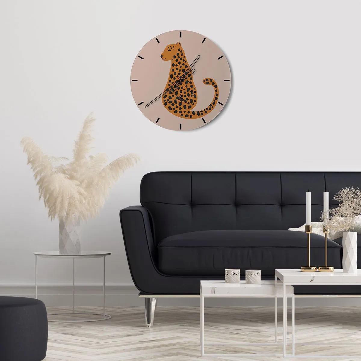 Wall clock - Clock on glass - Stylized panther on a beige background - 30x30cm - Leopard Print Is Fashionable - Modern wall decoration for the living room, kitchen, and bedroom ARTTOR