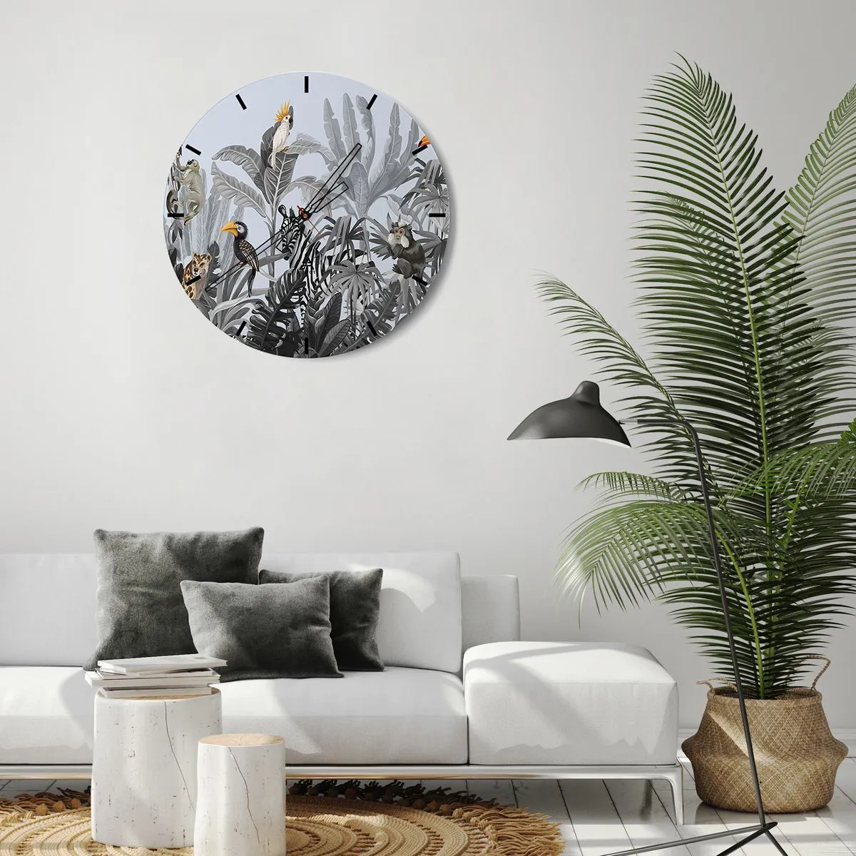Wall clock - Clock on glass - Tropical plants with exotic animals against a jungle background - 30x30cm - African Fairy Tale - Modern wall decoration for the living room, kitchen, and bedroom ARTTOR