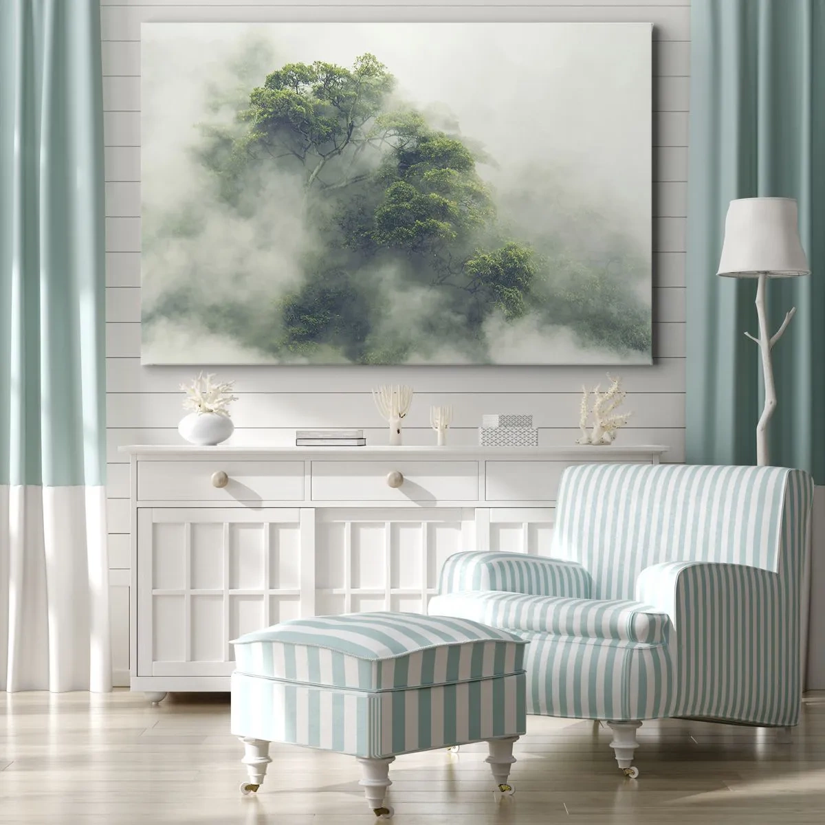 Canvas picture - Green trees in thick fog against a natural background - 70x50cm - Wrapped In Fog - Modern wall decoration for the living room and bedroom ARTTOR