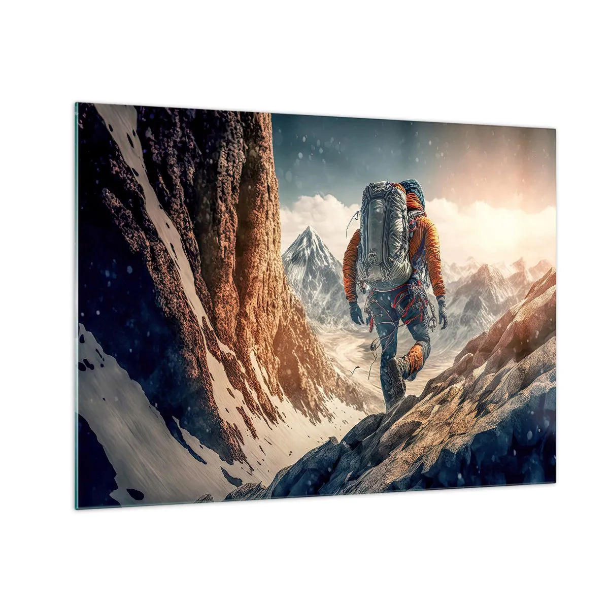 Glass picture - A hiker climbing a rocky, snow-covered mountainside - 70x50cm - Lonely Warrior - Modern wall decoration for the living room and bedroom ARTTOR