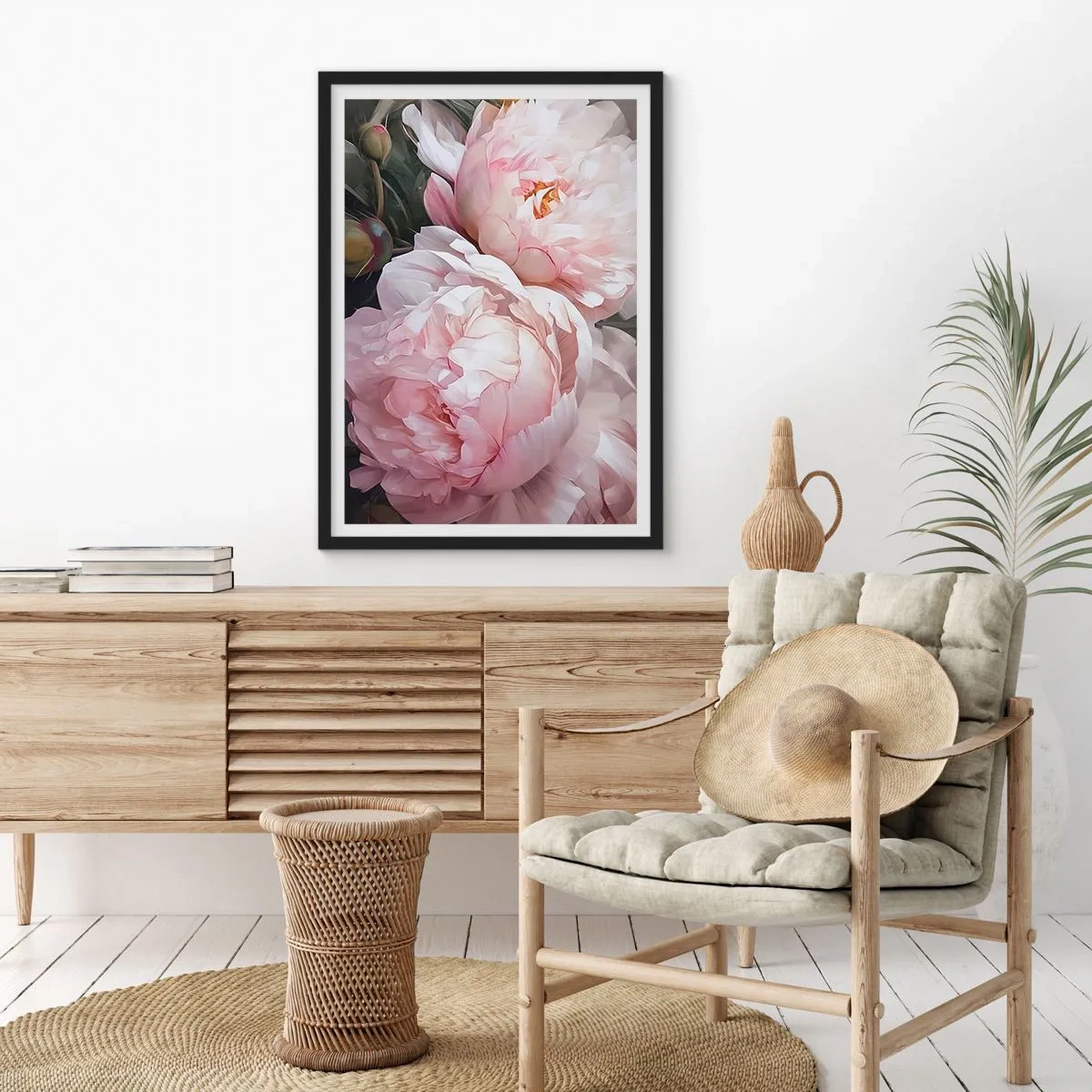 Poster in black frame - Delicate peonies in pastel shades of pink and white - 50x70cm - Captured in Full Bloom - Modern wall decoration for the living room and bedroom ARTTOR
