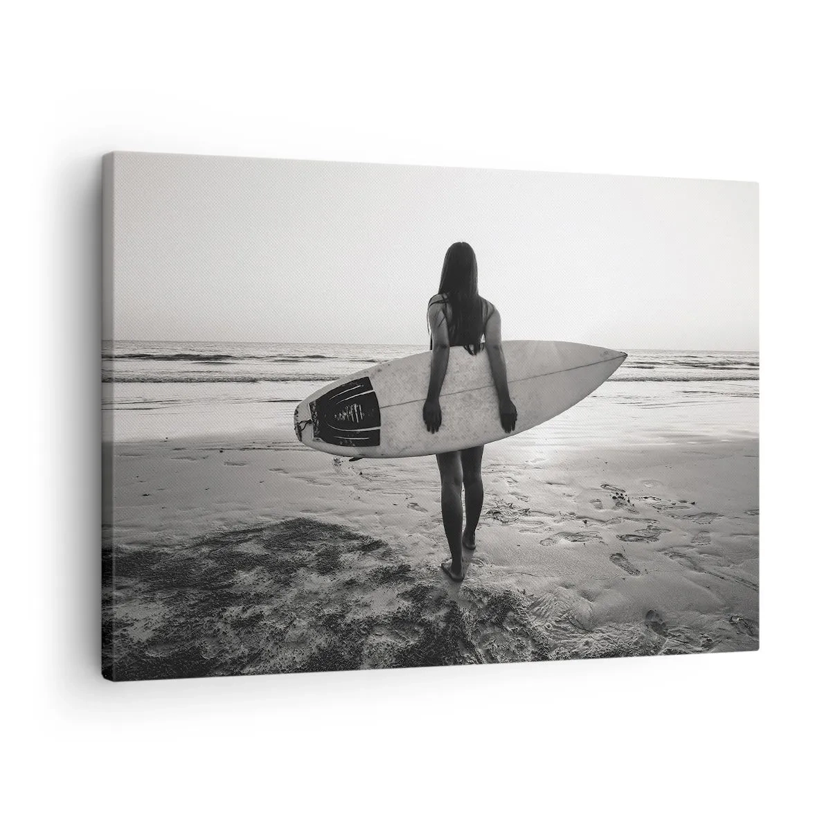 Canvas picture - Woman with surfboard on beach in black and white - 70x50cm - Daughter of Sea Wave - Modern wall decoration for the living room and bedroom ARTTOR
